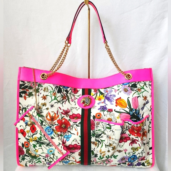 Auth Gucci Raja Flora Neon Pink/Muticolor Canvas Tote Bag - Picture 1 of 11